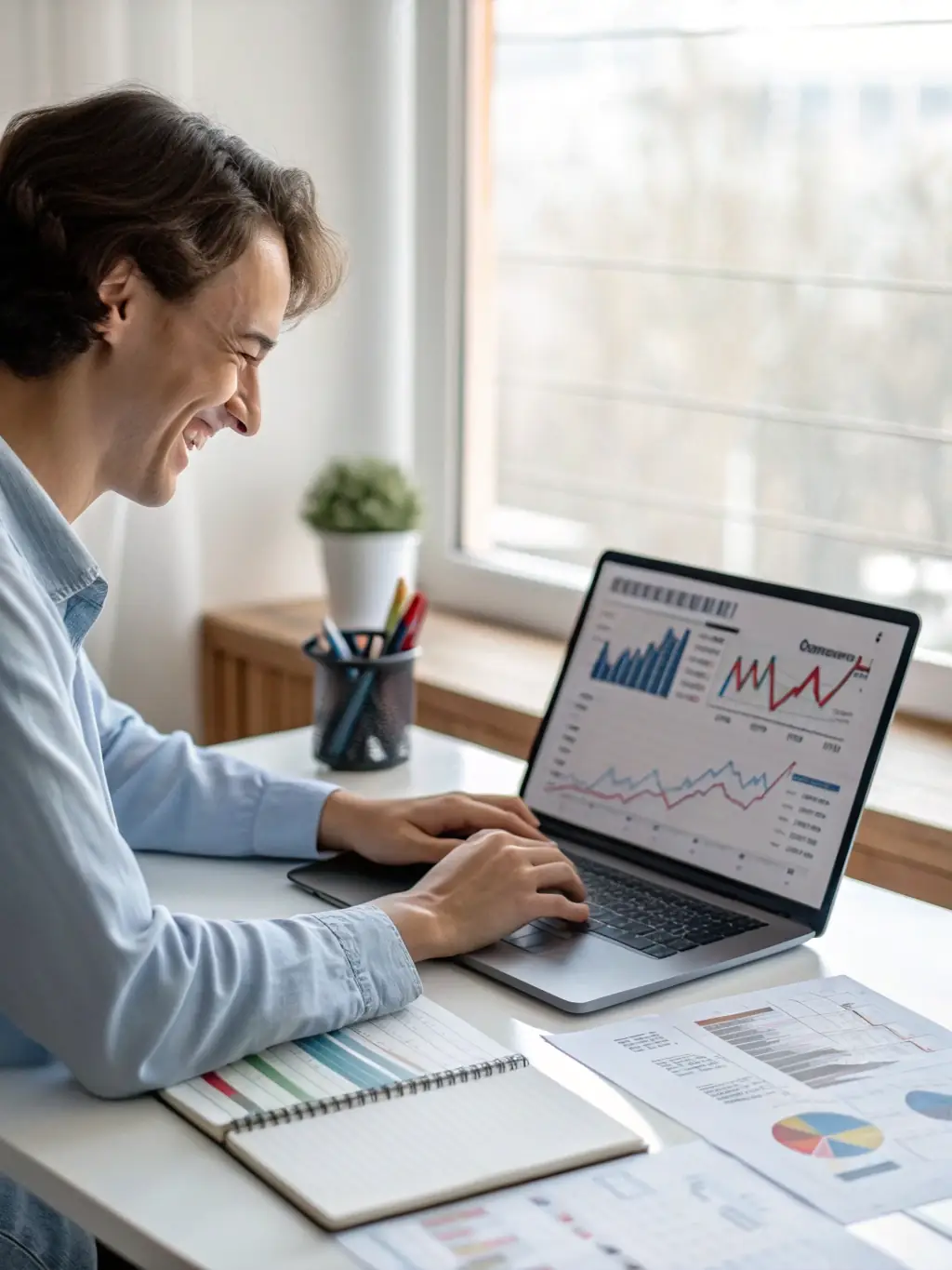 A person confidently managing their budget on a laptop, showcasing the practical application of financial education.