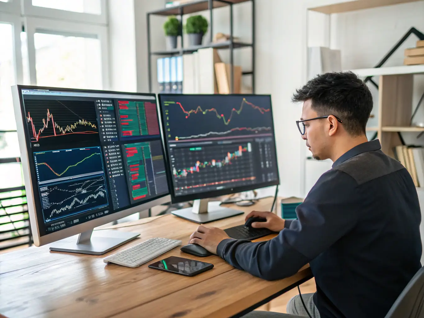 An image of a person analyzing stock market data on multiple screens, representing the depth of knowledge gained from the Investment Strategies Course.